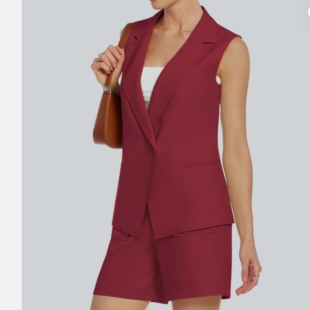 Women's Burgundy Sleeveless Blazer and Shorts Set
